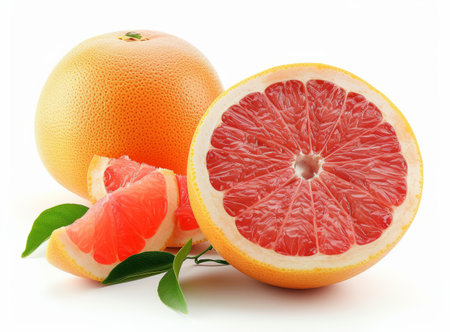 Fresh grapefruits, whole and sliced, showcasing their juicy red interior on a light backgroundの素材