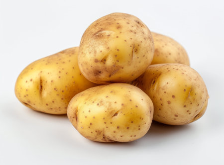 Fresh, raw young potatoes of different sizes and shapes, isolated on a white backgroundの素材