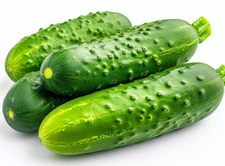 Fresh, vibrant green cucumbers isolated on a white background, close-up viewの素材