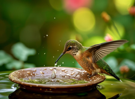 A hummingbird sips water amidst a vibrant floral backdrop, its wings spread wide in mid-flightの素材