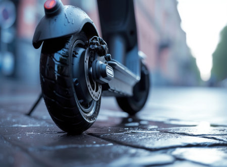 Close-up of an electric scooter wheel on a cobblestone street, showcasing urban eco-friendly transportationの素材