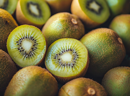 Close-up of fresh ripe kiwis, one of which reveals its bright green interior. Source of vitamin Cの素材