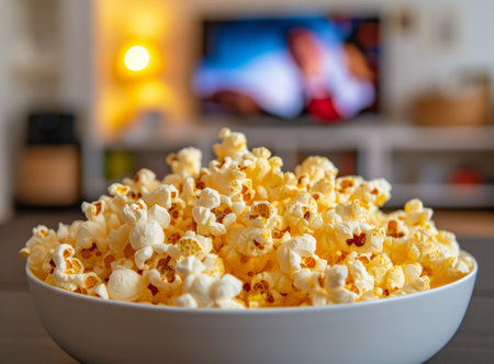 Close-up of popcorn in a bowl with a blurred TV screen in the background, suggesting a movie night at homeの素材