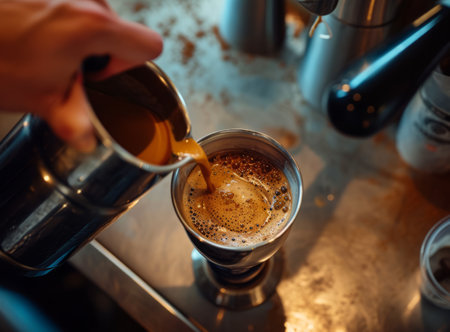 Barista pours fresh coffee into a mug surrounded by coffee beans and equipment. View from aboveの素材