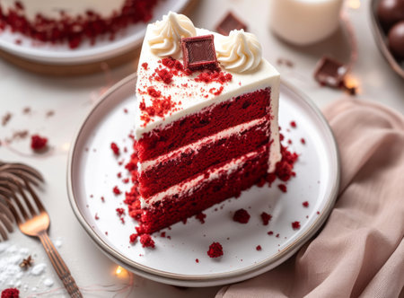 A piece of red velvet cake with cream and chocolate garnish on a white plateの素材