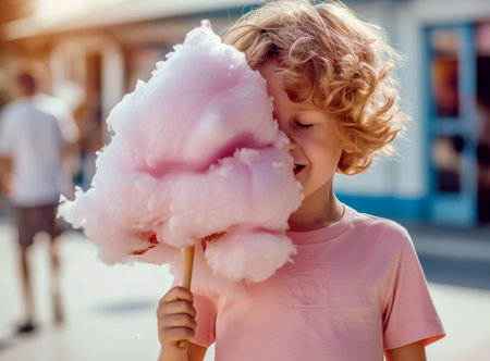Child in colorful attire holding a large pink cotton candy in an outdoor settingの素材
