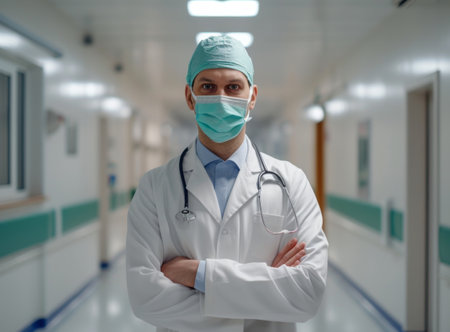 A doctor in a white coat and medical mask stands confidently in a well-lit modern hospital corridorの素材