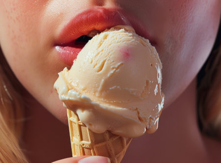 Close-up of a girl enjoying a creamy vanilla ice cream cone, highlighting the texture and flavorの素材
