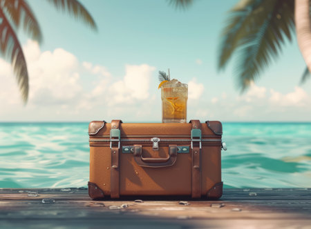 A refreshing cocktail on a suitcase, under palm leaves, against the backdrop of a serene beachの素材