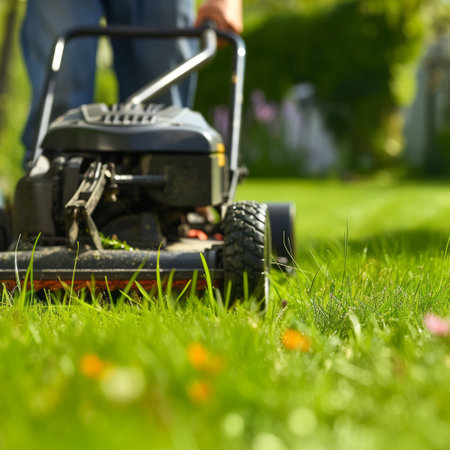 A person mowing a lush green lawn with a push mower, capturing the essence of garden maintenanceの素材