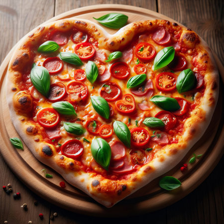 Heart-shaped pizza with tomatoes, basil, and pepperoni on a wooden tableの素材