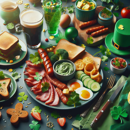 Festive St. Patrick's Day feast with food, drinks, and decorations on a tableの素材