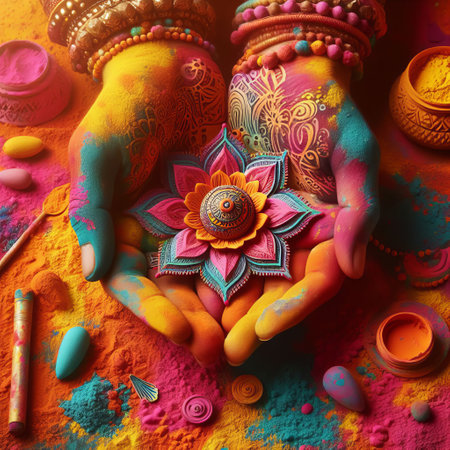 Multi-colored hands with an intricate pattern hold a bright flower against a bright background of various pigments. Indian holiday hollyの素材