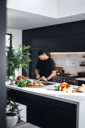 Young man focused on preparing a healthy meal with fresh ingredients on kitchen counterの素材