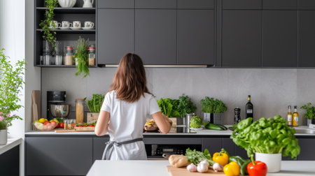 A woman preparing food in a modern kitchen with black cabinets, marble backsplash, and stainless steel appliancesの素材
