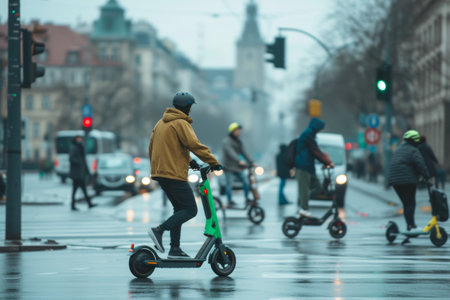 Commuters riding electric scooters on a wet city street during a rainy day, with blurred traffic in the backgroundの素材