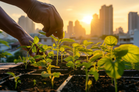 Close-up of hands planting young green seedlings in urban garden beds with a cityscape sunrise in the backgroundの素材