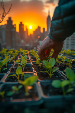 Close-up of hands planting young green seedlings in urban garden beds with a cityscape sunrise in the backgroundの素材