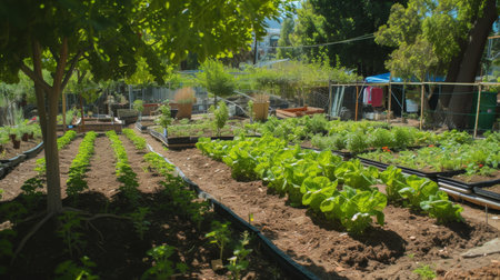 Lush urban garden with raised beds of fresh produce in a community shared spaceの素材