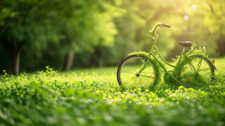 Vintage bicycle overtaken by greenery, creating a whimsical scene in a lush meadowの素材