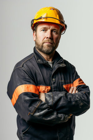 Elderly construction worker in yellow helmet, arms crossed, with a seasoned and knowledgeable expressionの素材