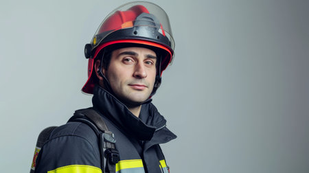 Male firefighter in black uniform with red helmet, looking serious and ready for emergency responseの素材