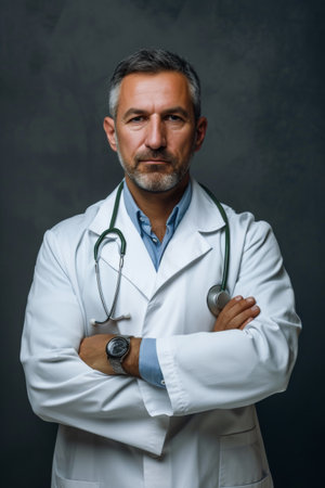 Senior doctor with a stethoscope, arms crossed, exhibiting years of experience and a calm demeanorの素材