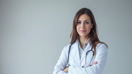 Smiling professional female doctor with arms crossed in a white medical coatの素材