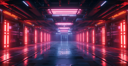 Sci-fi corridor bathed in red neon light, giving a sense of futuristic and cinematic atmosphereの素材