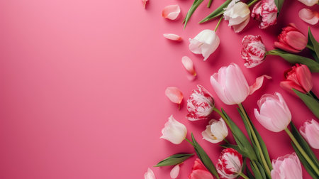 Assortment of colorful flowers arranged on a pink background with ample copy spaceの素材