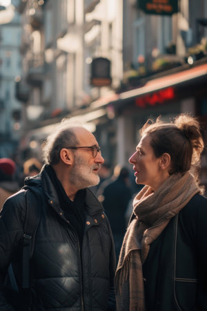Two adults in winter attire deeply engaged in conversation on a city sidewalk, surrounded by warm evening lightsの素材