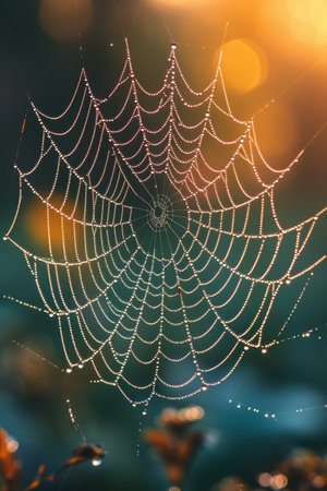 A spider's web laden with morning dew, highlighted by the soft golden light of dawnの素材