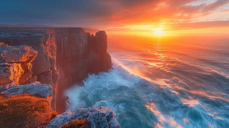 The warm light of sunset bathes towering sea cliffs, as waves crash against their ancient facesの素材