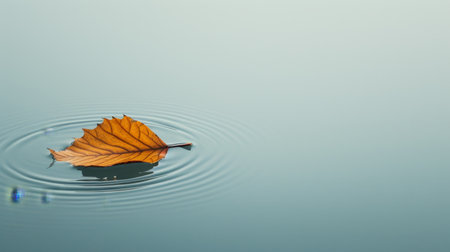 Single autumn leaf afloat on calm water creating a minimalist natural sceneの素材