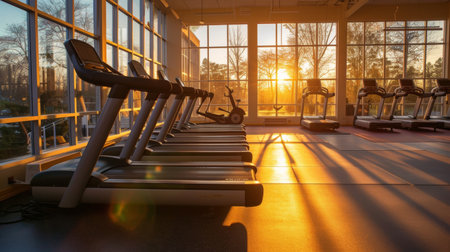 Empty treadmills in a gym bask in the golden light of a setting sun streaming through tall windowsの素材