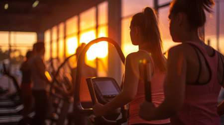 Silhouettes of people exercising on treadmills against the backdrop of a vibrant sunset through large windowsの素材