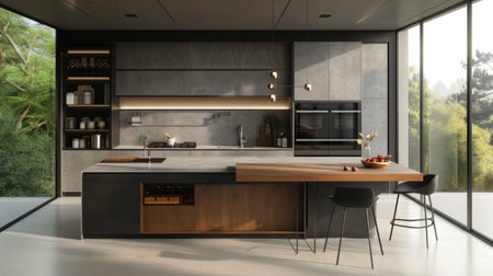 Contemporary kitchen design with dark cabinets and a central island overlooking a lush forestの素材