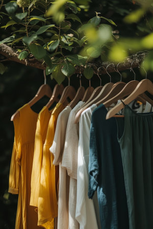 A row of colorful dresses hanging outdoors, blending with the natural surroundingsの素材