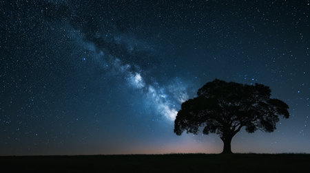 A lone tree illuminated by a starry sky, with a warm glow on the horizonの素材