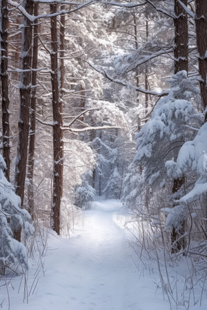 Snow-laden trees form a captivating arch over a secluded forest path in a tranquil winter settingの素材