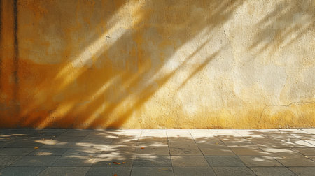A bold diagonal shadow splits a textured yellow wall, creating a striking contrast and abstract compositionの素材