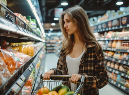 A female shopper in a well-stocked grocery store pushes a cart filled with fresh produceの素材