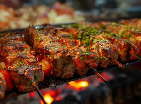 Close-up of juicy skewered meat grilling over fiery coals, capturing the essence of a BBQ experienceの素材