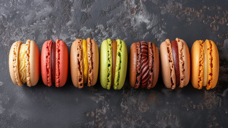 A row of colorful macarons on a textured dark surface, showing a variety of flavors and fillingsの素材
