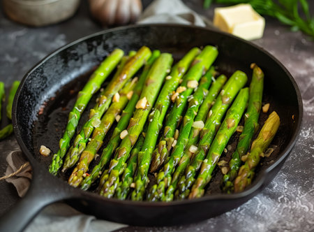 Freshly cooked green asparagus in a skillet, garnished with garlic slices. Ready to be servedの素材