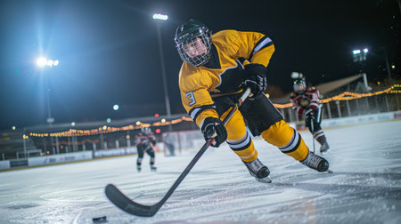 Dynamic close-up of a hockey player in action during a night game with stadium lights illuminating the rinkの素材