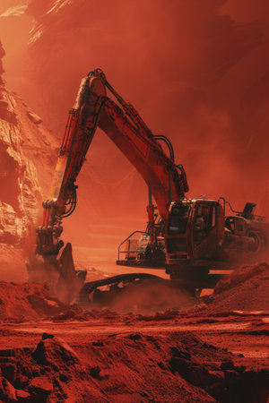 Excavator on a Mars-like terrain with a large planet in the background amidst a hazy skyの素材