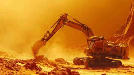 Excavator on a Mars-like terrain with a large planet in the background amidst a hazy skyの素材