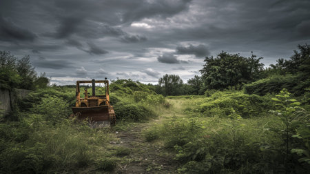 Old rusty bulldozer sitting abandoned in a lush field with overcast skies, evoking a sense of desolationの素材
