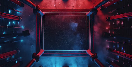 Empty neon-lit boxing ring with a surreal cosmic starfield backgroundの素材